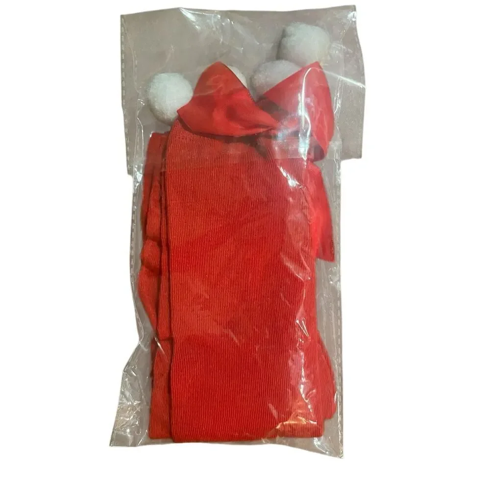 Christmas Solid Red Over-the-Knee Socks With Bow & Pom Poms